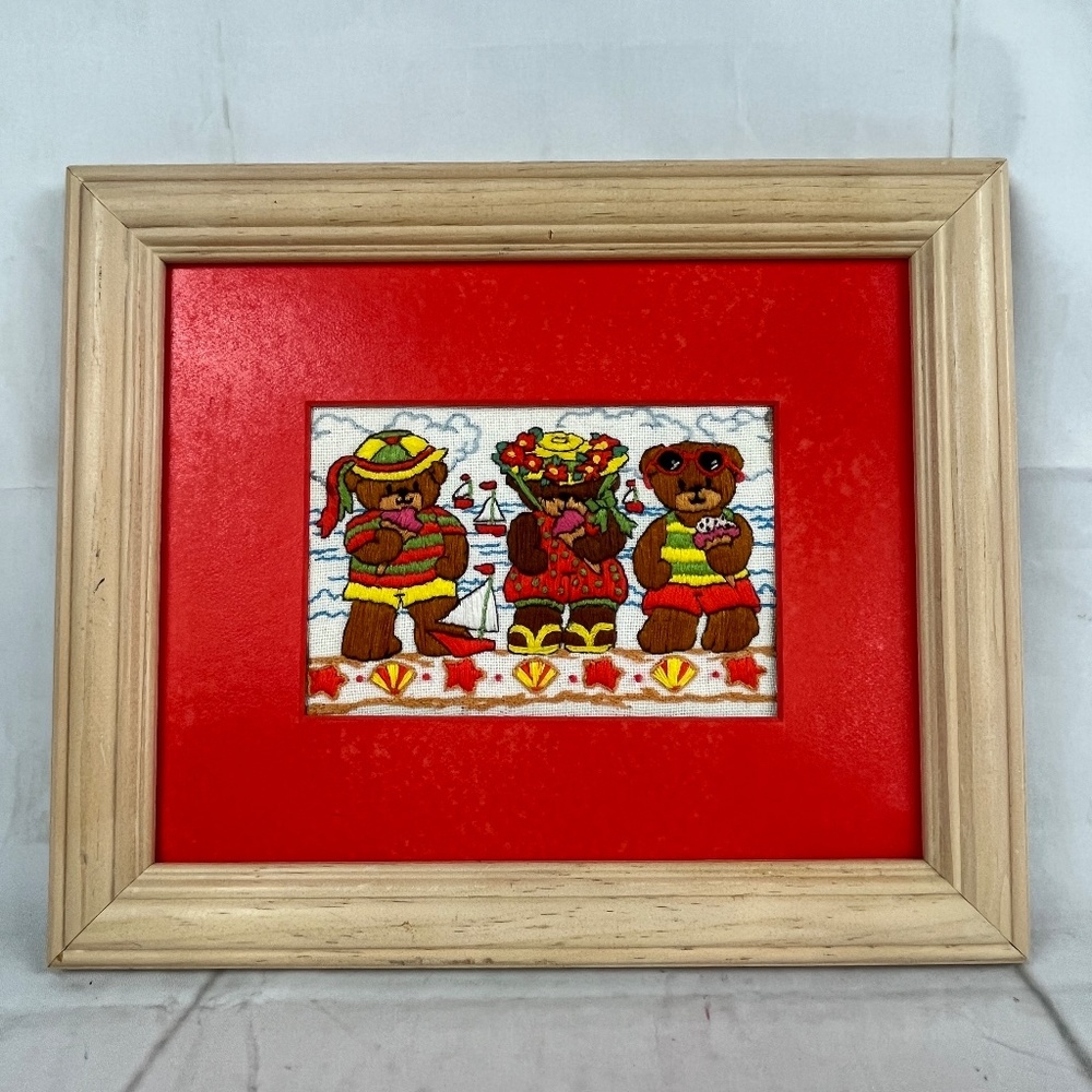 Vintage Beach Bears Needle Art Finished Framed Picture Sailboat Shells 1…